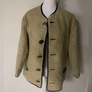 Vintage Austrian wool coat Beige Button-Up Jacket with Black Trim